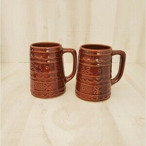 2 Vintage Pottery Mug USA Marcrest Brown Stoneware Daisy & Dot  1950 used